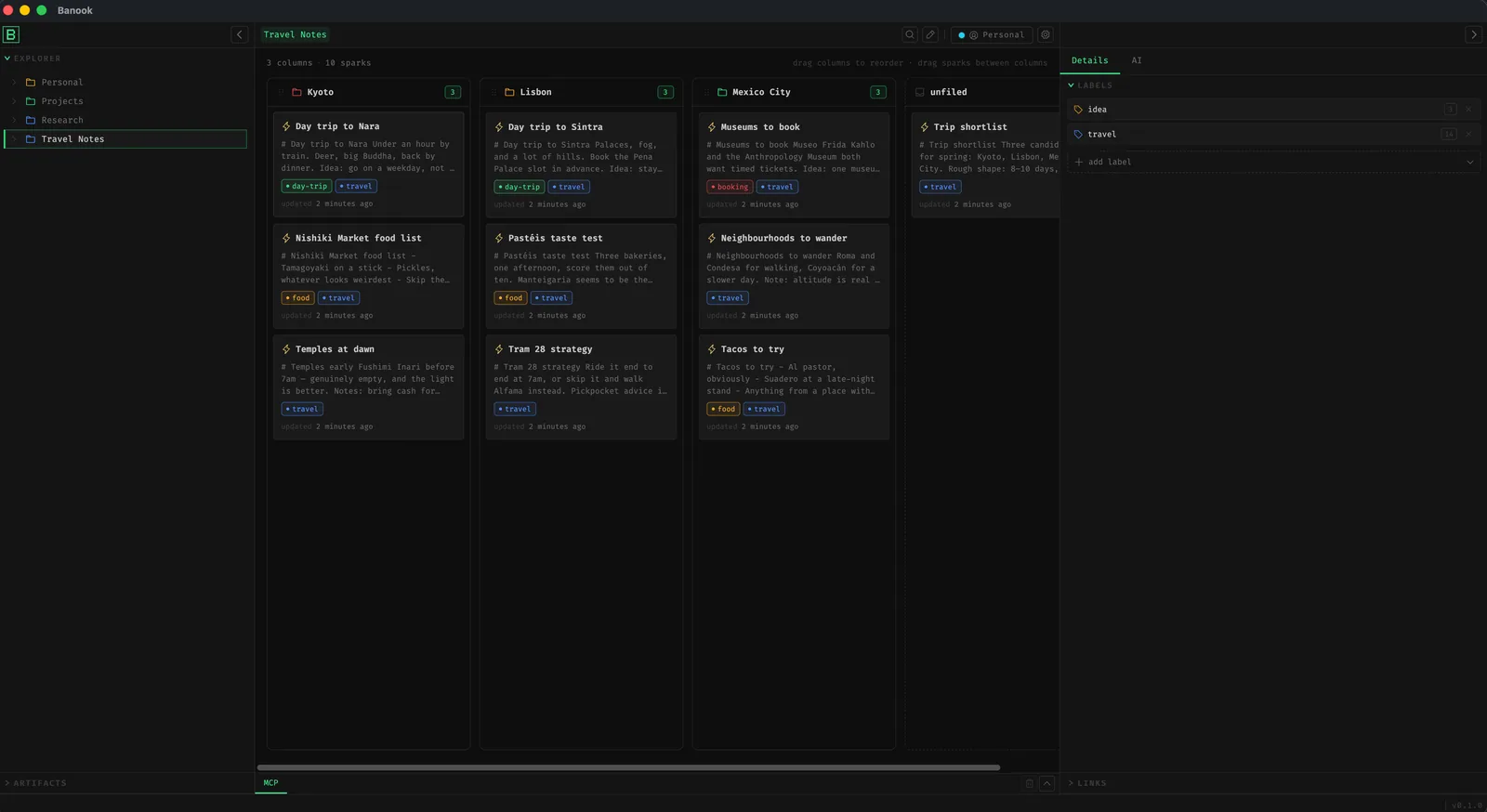 Banook kanban board with Sparks arranged across Kyoto, Lisbon, and Mexico City columns